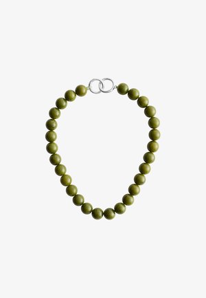 Green rounded bead necklace with a smooth, glossy finish, featuring a silver clasp and evenly spaced spherical beads.