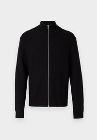 Pull noir à côtes avec un col montant et une fermeture éclair à l'avant. Présente des manches longues et un bas ajusté. Fabriqué en tissu tricoté texturé.