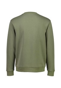 Sudadera verde oliva, mezcla de algodón, diseño de cuello redondo, mangas largas, puños y dobladillo acanalados, textura suave, estilo minimalista.