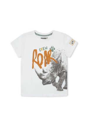 Camiseta blanca para niños con una ilustración detallada de un rinoceronte, texto naranja "ROAR", texto verde "CREW" y una huella de pata en la manga derecha.