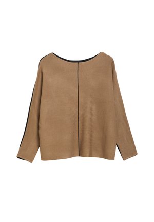 Brauner Langarmpullover mit schwarzer Einfassung entlang des Halsausschnitts, der vorderen Mitte und den Ärmelkanten, lockerem Sitz und seitlichen Schlitzen am Saum.