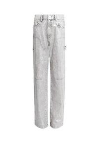 Pantalones cargo grises claros hechos de denim con una textura ligeramente desgastada. Presenta dos bolsillos laterales y un diseño de corte relajado.
