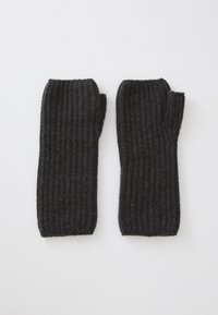 Svarta ribbade stickade fingerlösa handskar, gjorda av ull, med en snug passform och strukturerad yta, samt öppna fingertoppar för rörlighet.
