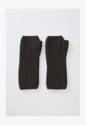 Black ribbed knit fingerless gloves, made of wool, featuring a snug fit and textured surface, with open fingertips for dexterity.