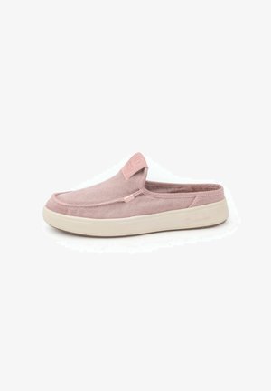 Mauve slip-on canvas mule met gevoerde beige zool en merknaam rubberen label op de bovenkant, ontworpen voor casual gebruik.