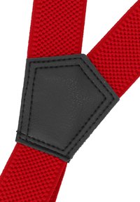 Rote gewebte Hosenträger mit einer strukturierten Oberfläche und einem schwarzen Lederverbinder. Das Design weist an der Verbindungsstelle eine sechseckige Form auf.