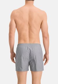 Grau Schwimmshorts mit elastischem Bund, aus leichtem Stoff gefertigt. Das Design ist schlicht, mit einer glatten Textur und ohne sichtbare Muster.