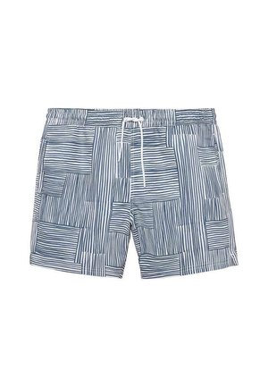 Pantaloni da nuoto da uomo realizzati in tessuto con un motivo a righe blu e bianche e design a blocchi rettangolari, con vita elastica e coulisse.