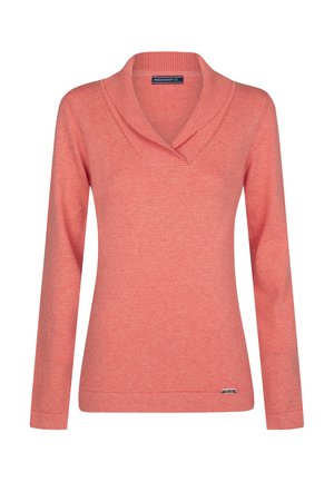 Koraalroze pullover trui met een geribde sjaalkraag, lange mouwen en een rechte zoom. De stof lijkt zacht met een subtiele textuur.