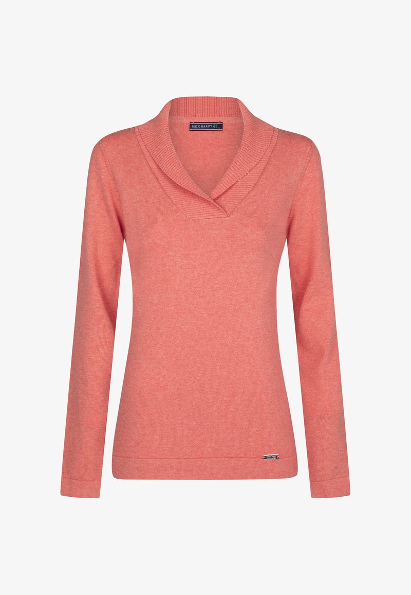Korallenfarbener Pullover mit einem gerippten Schalkragen, langen Ärmeln und geradem Saum. Der Stoff wirkt weich mit einer dezenten Textur.