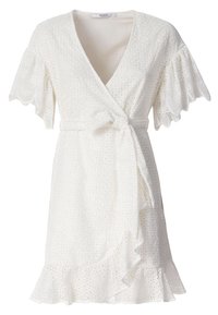 Vestido blanco envolvente con mangas cortas de volantes, tela de ojales, dobladillo con volantes y cinturón adjunto para cierre con lazo.
