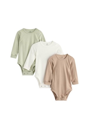 Drei langärmlige Baby-Bodysuits aus weicher Baumwolle. Farben: hellgrün, weiß und beige. Mit Druckknopfverschluss am Boden und an der Schulter.