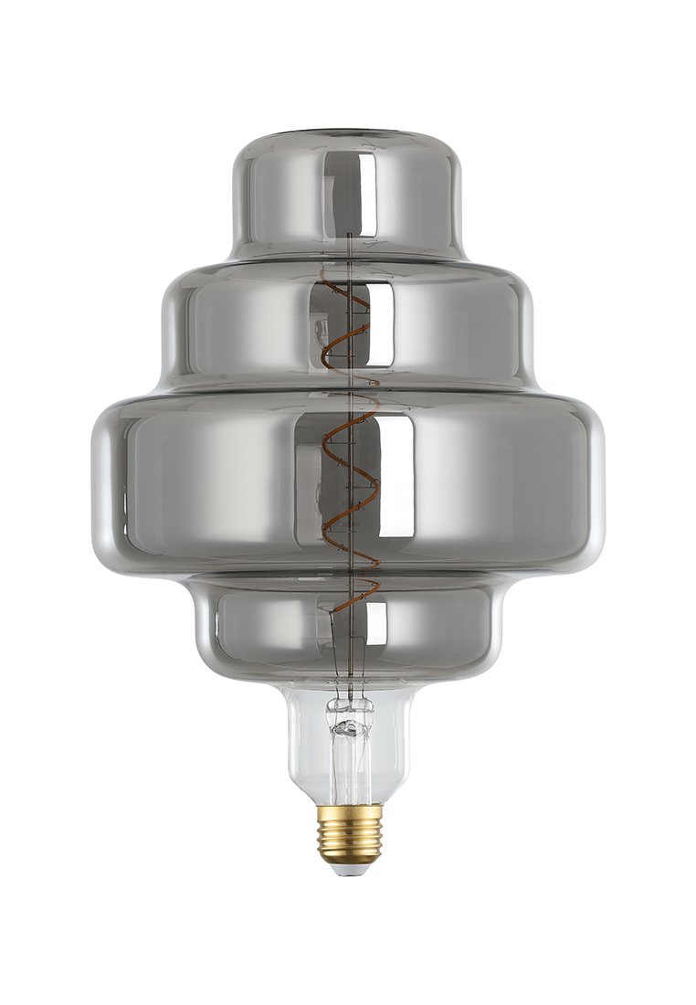 Glühbirne aus Glas mit einem abgerundeten, gestuften Design, dunkler grauer Tönung, sichtbarem Filament und einer goldfarbenen Fassung.