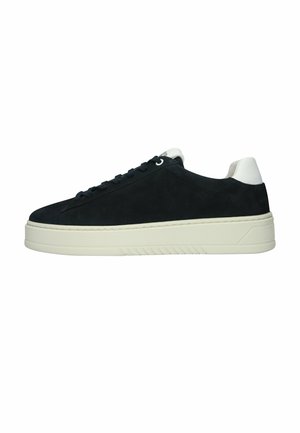 Black suede low-top sneaker with white rubber sole, white heel tab, and black laces, shown in side profile on white background.