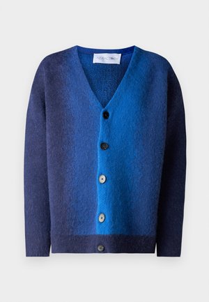Cardigã em degradê azul com decote em V, feito de um material de malha suave. Apresenta cinco botões e um forro texturizado por dentro.