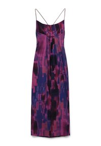 Satin, sleeveless dress featuring a purple and pink abstract pattern, cross-back straps, and a flowy design with a straight hem.