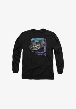 Black long-sleeve shirt featuring a graphic of the NX-01 Enterprise spacecraft, with "Enterprise" text and colorful space background.