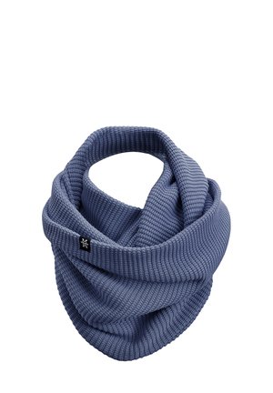 Blauer gestrickter Schlauchschal mit strukturiertem Rippendesign und einer umgeschlagenen oberen Kante. Auf einer Seite befindet sich ein kleines schwarzes Logotag.