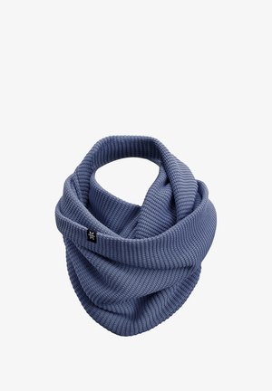 Blue knitted cowl with a textured, ribbed design and a folded top edge. Features a small black logo tag on one side.
