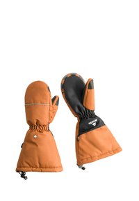 Manoplas impermeables naranjas con acentos de agarre negros, muñeca elástica y detalle en forma de estrella. Material exterior suave y cierre ajustable en la muñeca.
