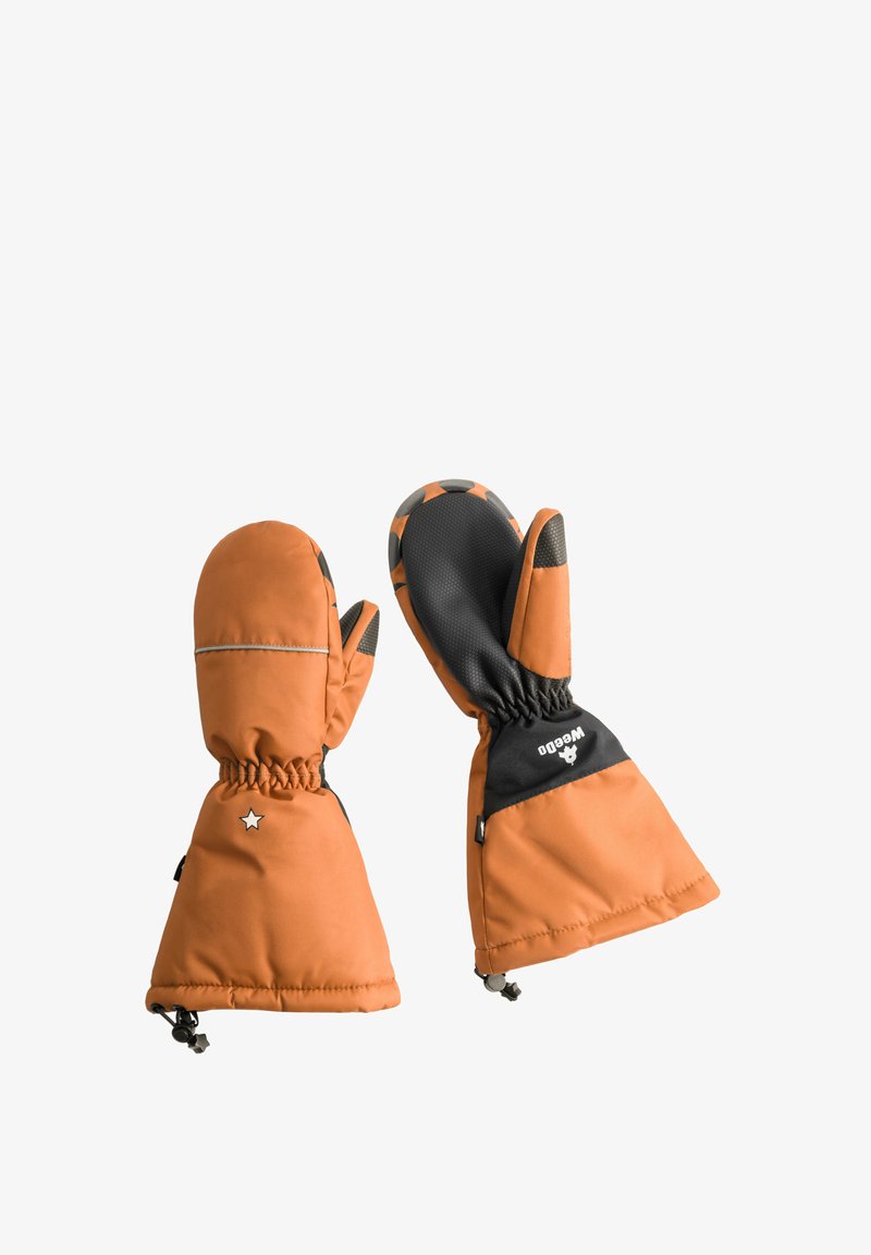 Orange wasserdichte Fäustlinge mit schwarzen Griffakzenten, elastischem Handgelenk und Sternenmotiv. Weiches Außenmaterial und verstellbarer Verschluss am Handgelenk.
