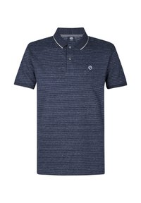 Polo de color azul marino con un patrón de rayas texturizadas, que presenta un collar, dos botones y un pequeño logo en el pecho.