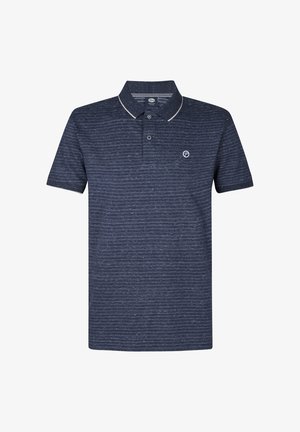 Mørkeblå polo-shirt med et struktureret stribet mønster, der har krave, to knapper og et lille logo på brystet.