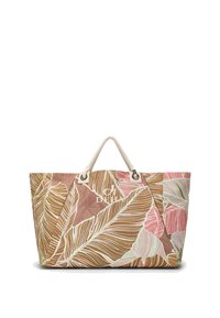 Grote draagtas met beige touwhandvatten en een tropisch bladpatroon in bruine, roze en groene tinten op stoffen materiaal.