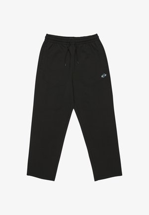 Pantaloni della tuta neri realizzati in tessuto morbido, dotati di una vita con cordino elastico, tasche laterali e un piccolo logo sulla coscia sinistra.