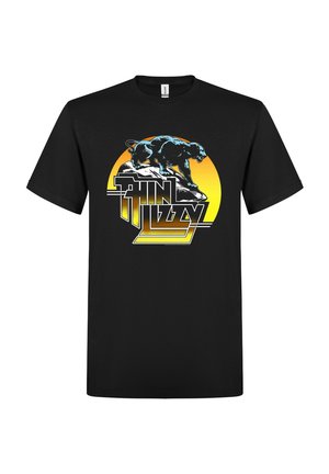 Black T-shirt with a graphic of a black panther on a rock and the text "Thin Lizzy" below against a yellow-orange circular background.
