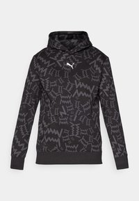 Sort hættetrøje med grå abstrakte zigzag-mønstre og hvid Puma-logo centreret på brystet, ribbed cuffs og kant.