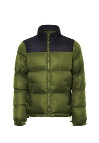 Giacca a vento verde con parte superiore blu navy, colletto alto, zip frontale e tessuto testurizzato; presenta polsini elastici e tasche laterali.