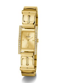 Reloj dorado con caja rectangular, acentos de cristal y una pulsera gruesa de eslabones. Esfera simple con marcadores minimalistas.
