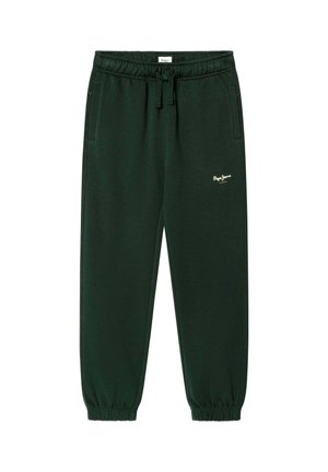Dunkelgrüne Sweatpants mit elastischem Bund, Kordelzug, Seitentaschen, elastischen Bündchen und kleinem weißen Logo am linken Oberschenkel.