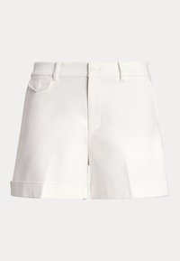 Pantaloni scurți albi din bumbac cu croială dreaptă, prevăzuți cu închidere cu nasture, două buzunare și tivuri întoarse pentru un aspect structurat.