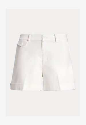 Balti kokvilnas šorti ar taisnu piegriezumu, aprīkoti ar pogu aizdari, divām kabatām un uzlocītiem apakšmalām strukturētam izskatam.