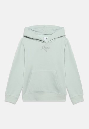 Sweat à capuche Puma gris-vert clair avec poche kangourou à l'avant et capuche, avec petit logo Puma et texte sur la poitrine.