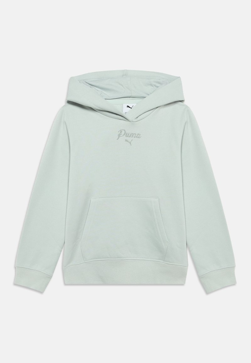 Sweat à capuche Puma gris-vert clair avec poche kangourou à l'avant et capuche, avec petit logo Puma et texte sur la poitrine.