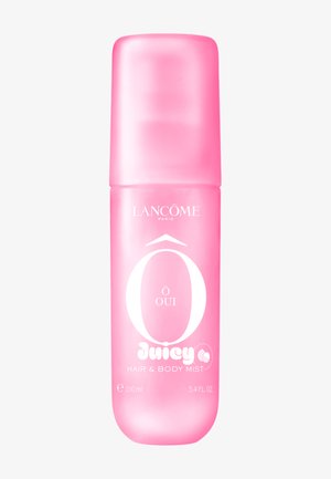 Pinkfarbene Sprühflasche von Lancôme Ô Oui Juicy Hair and Body Mist, 100 ml, mit weißem Text und rundem Verschluss.