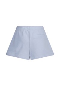 Pantaloni corti di cotone azzurro chiaro con vita elastica, caratterizzati da una singola tasca posteriore e un design rilassato e ampio.