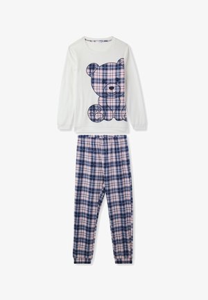 Top bianco a maniche lunghe con grafica di un orso; pantaloni da pigiama a quadri blu navy e rosa con vita elastica. Tessuto morbido, vestibilità rilassata e design informale.