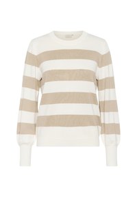 Pull beige et blanc à rayures avec des manches longues, un col rond et des poignets plissés. Texture douce, coupe décontractée, adapté à un port quotidien.