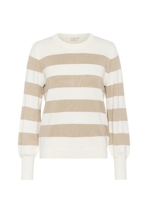 Beige en witte gestreepte trui met lange mouwen, ronde hals en geplooide manchetten. Zachte textuur, losse pasvorm, geschikt voor casual gebruik.