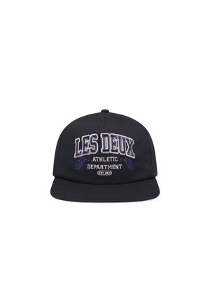 Black cap made of cotton with a flat brim, featuring embroidered text "LES DEUX ATHLETIC DEPARTMENT EST 2011" in white and blue.