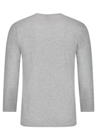 Graues Langarm-T-Shirt, runder Ausschnitt, weiches Baumwollmaterial, einfarbige Textur, keine Muster oder Akzente, leicht lockere Passform.