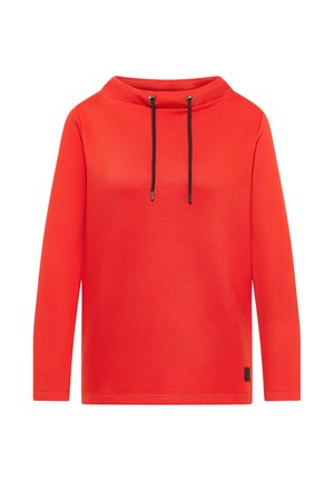Felpa rossa con maniche lunghe, collo a imbuto, cordini neri e superficie testurizzata. Presenta un piccolo logo nero in fondo.