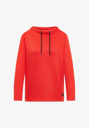 Roter Sweatshirt mit langen Ärmeln, Trichterkragen, schwarzen Kordeln und einer strukturierten Oberfläche. Mit einem kleinen schwarzen Logo am Saum.
