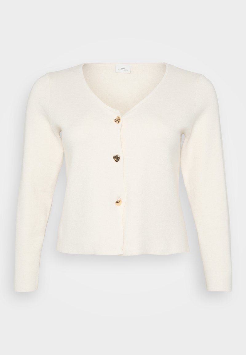Cremfarbener Cardigan aus weichem Stoff, mit V-Ausschnitt, langen Ärmeln und fünf goldfarbenen Knöpfen vorne. Ausgestellter Saum.