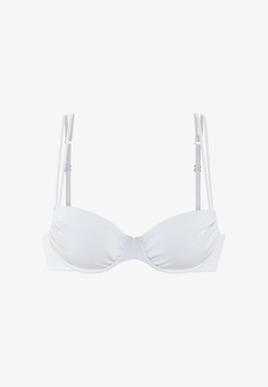Weißer gepolsterter BH aus strukturiertem Stoff, mit verstellbaren schmalen Trägern und einem dezenten Glanz. Verfügt über einen geraden Rücken und geraffte Seitendetails.
