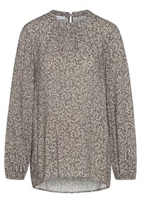 Blusa a maniche lunghe beige con stampa floreale nera, caratterizzata da un collo arricciato e un tessuto morbido e texturizzato, con un orlo posteriore leggermente più lungo.